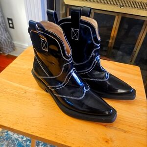 Easyfox pleather cowgirl boots (black with white stitching) like new.